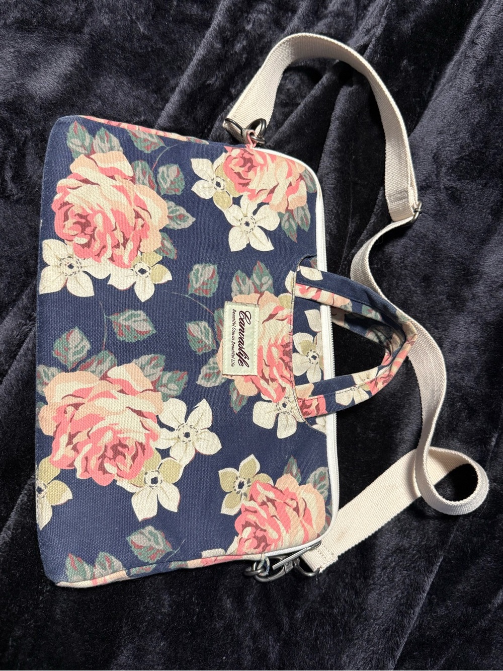 Canvas Floral Laptop Bag with Pink Rose Print - Unbranded
